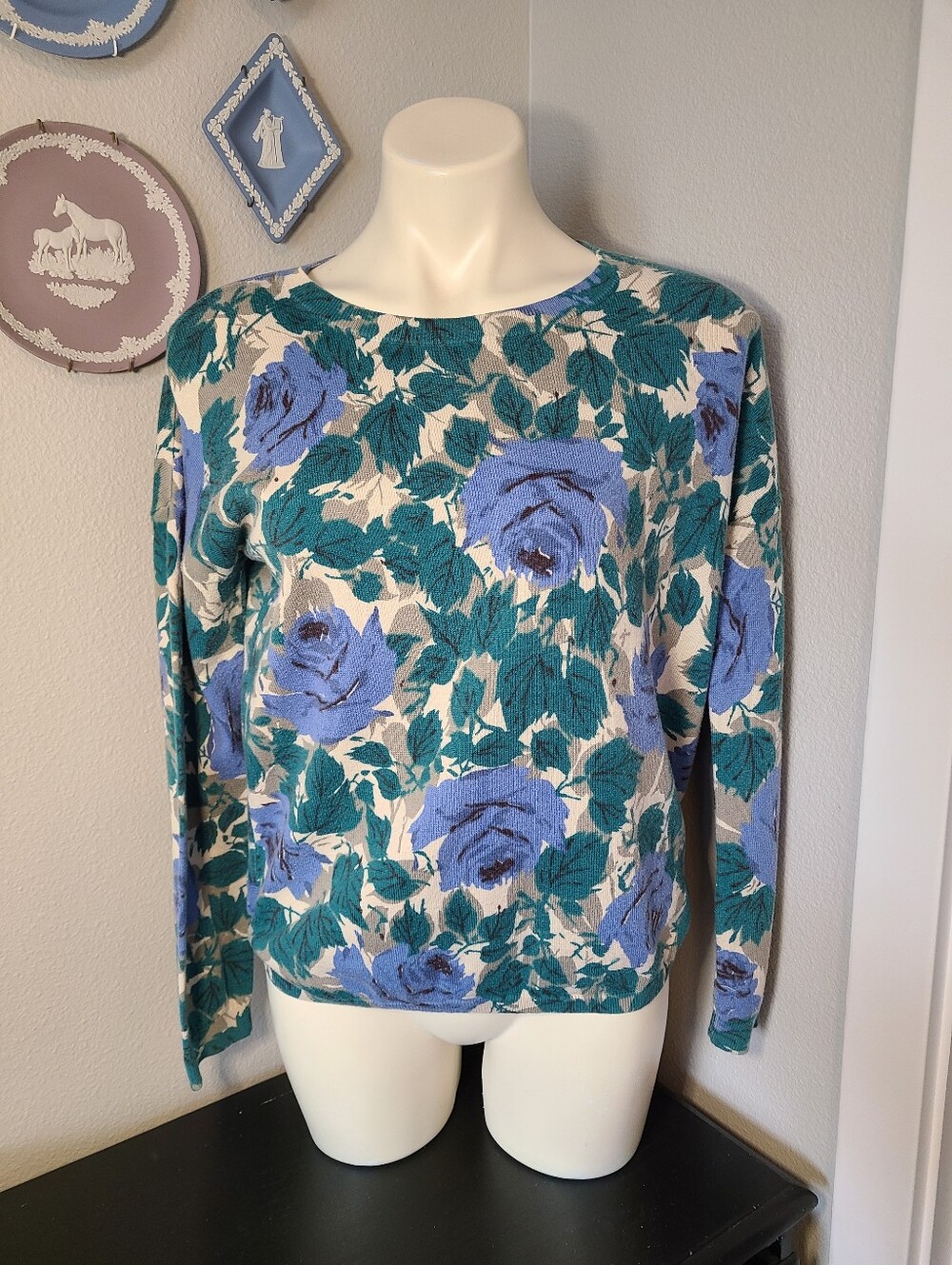 Boden Floral Sweater Size 8 M Cotton Wool Blend Blue Rose Botanical Cottagecore
